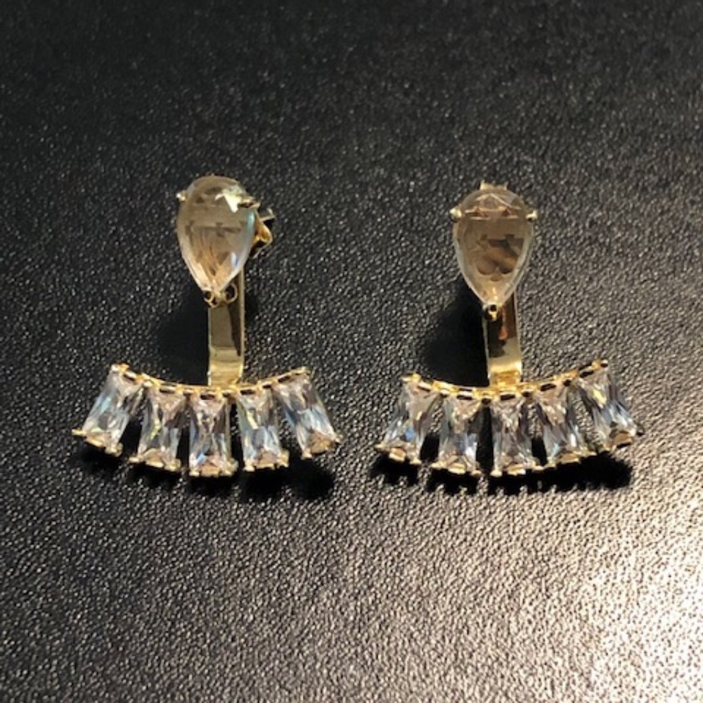 Crystal Quartz/Gold Teardrop Baguette Ear Jackets | 2 Earrings in One